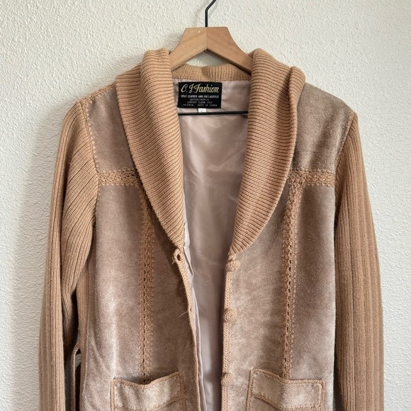 VTG 70's Womens Large Patchwork Crochet Jacket Camel Suede Leather Mobwife Tan - Picture 4 of 11